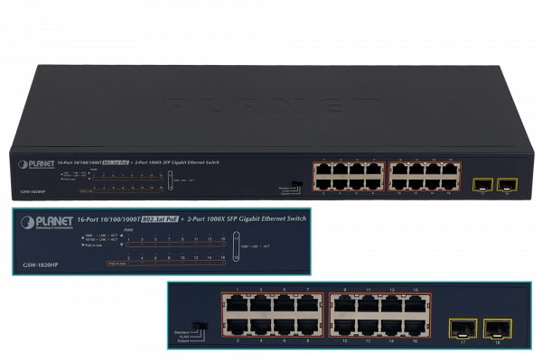 GSW-1820HP PLANET 16-1000-PoE48+af/at 240W-total 2-SFP Conmutador no administrable Bastidor V2
