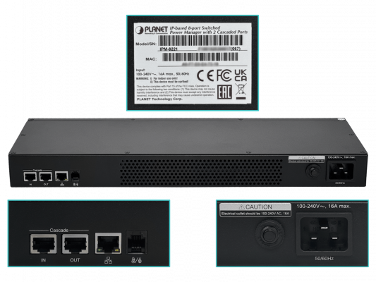 IPM-8221 PLANET Unidad de distribución eléctrica con entrada C20, 8 salidas C13, control IP por LAN, monitorización de temperatura/humedad/amperaje y 2 puertos serie