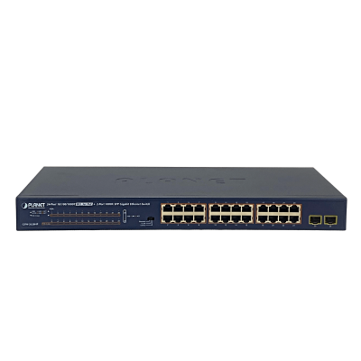 GSW-2620HP Switch PLANET no administrable de 24 puertos 10/100/1000, PoE 48V af/at, 220W totales, 2 ranuras SFP, montaje en Rack