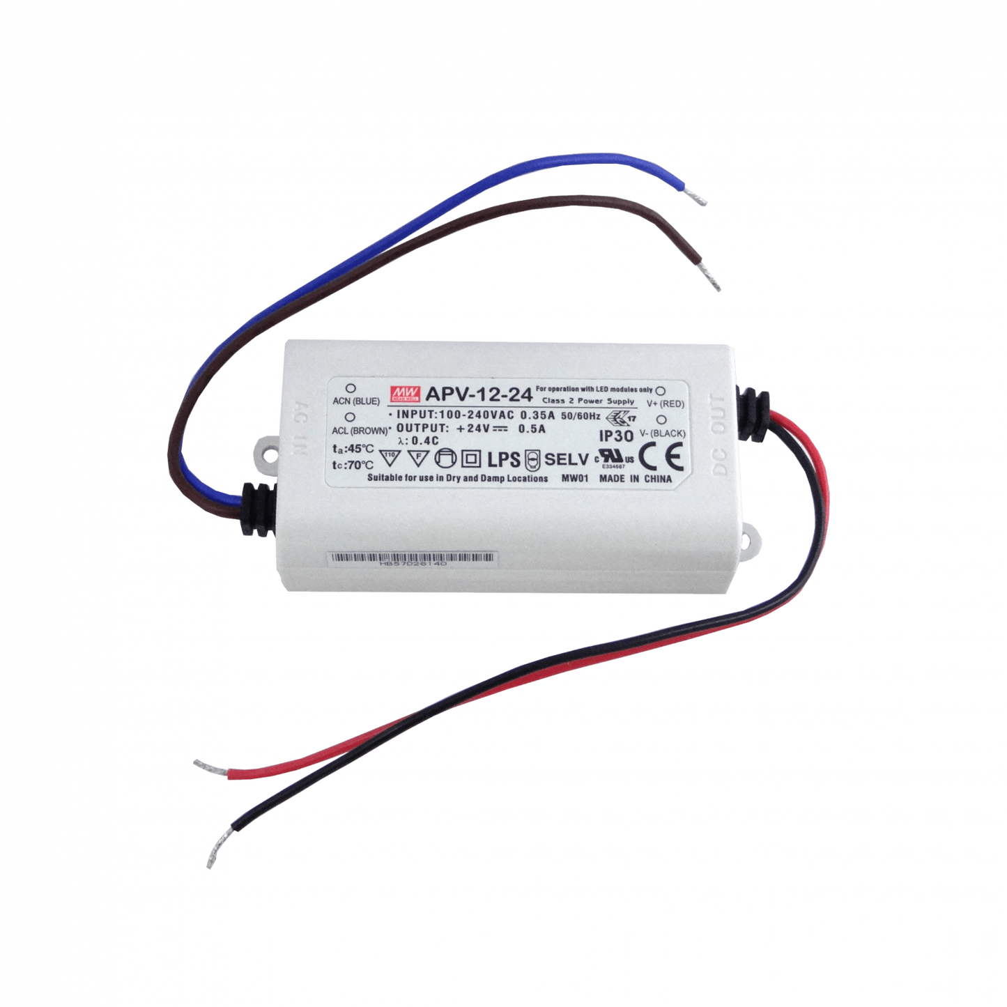 APV-12-24 MEANWELL Fuente de Alimentación 24V 12W 0,5A 100-240VAC Carcasa Plástica IP30 Hermética