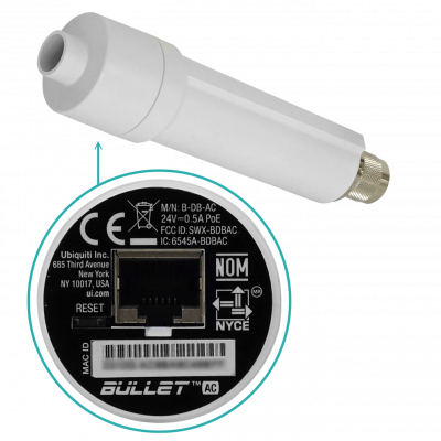 BULLET-AC UBIQUITI 2,4/5GHz 22dBm Punto-Acceso Exterior req/PoE-15-24V req-Antena 1-N-Macho