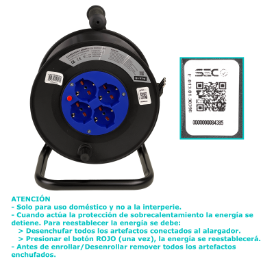ALARG-425 RITTIG 25mts Extensión con Carrete 4-Tomas Universales-H 1-16A-IM 250V Resguardo