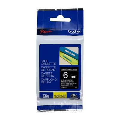 TZE-315 Cinta de 8 metros BROTHER de 6 mm de ancho, impresión blanca sobre fondo negro, compatible con equipos PT-H110, E300, E550 y D600
