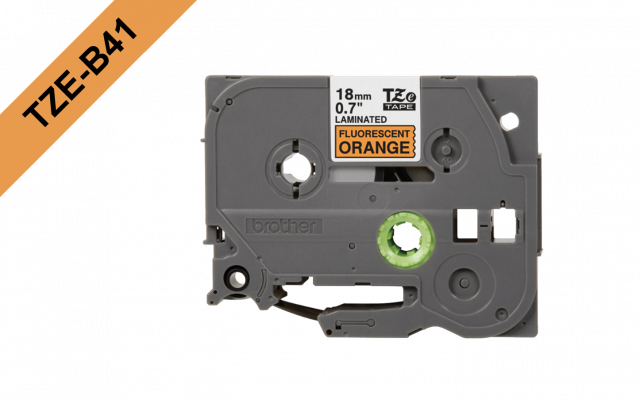 TZE-B41 BROTHER 18mm Negro en Fondo Naranjo-Fluor Cinta 5mt p/PT-E300/E550