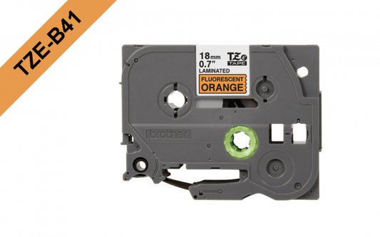 TZE-B41 BROTHER 18mm Negro en Fondo Naranjo-Fluor Cinta 5mt p/PT-E300/E550
