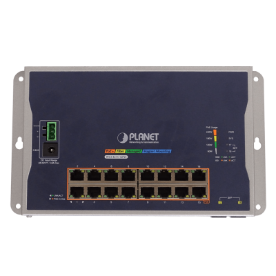 WGS-42 PLANET 16 puertos 10/100/1000 PoE+ 2 ranuras SFP 240W Conmutador Industrial Gestionable para montaje en Riel-DIN 48/54VDC