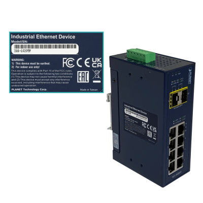 IGS-1020TF PLANET 8-1000 2-SFP Switch Industrial no-Admin Riel-DIN 12-48VDC 24VAC