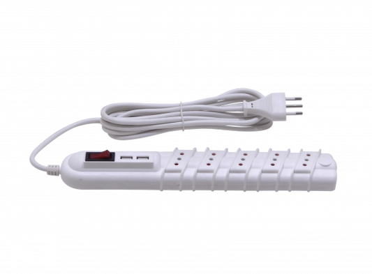 ELG-35WU Regleta RITTIG blanca 5 tomas con interruptor luminoso, 2 USB 5V, cable 3m, 10A-250V, 2200W