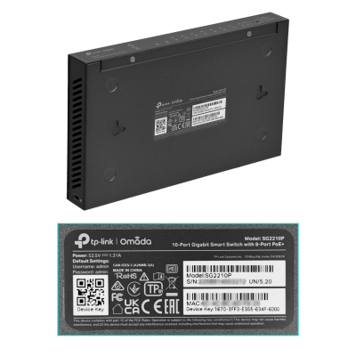 SG2210P TP-LINK Conmutador Inteligente de Escritorio 8 Puertos Gigabit PoE+ 2 Ranuras SFP 53W Totales con Adaptador de 48V Incluido Omada