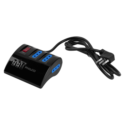 2044N PHILCO Negro Alargador 1,5mt 3-enchufes 2-USB5V 1-USB-C 15W 10A-250V