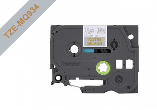 TZE-MQ934 BROTHER Cartucho de Etiqueta 12mm Texto Dorado sobre Cinta Gris Satén Largo 5m Compatible PT-H110/H200/E110