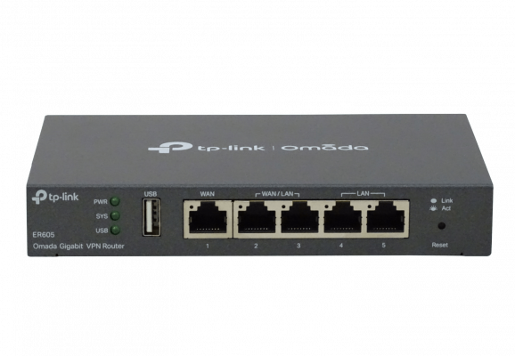 ER605 Router Omada TP-LINK con puertos WAN/LAN de 5 a 1000 Mbps y puerto USB para WAN, incluye fuente de alimentación de 12V/1A