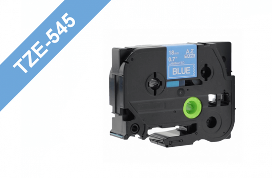 TZE-545 BROTHER Cinta de 18mm con texto blanco sobre base azul, longitud 8 metros, compatible con equipos PT-E300VP/D600VP/E550WVP