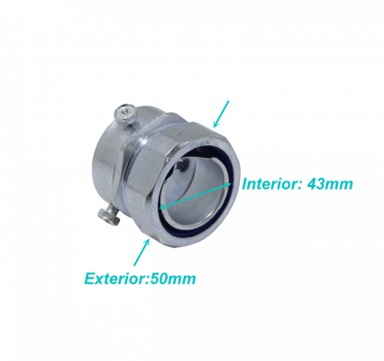 MEMT40 Adaptador metálico de unión de 40 mm para tubo EMT a conduit flexible, rango 28-43 mm a 30 mm