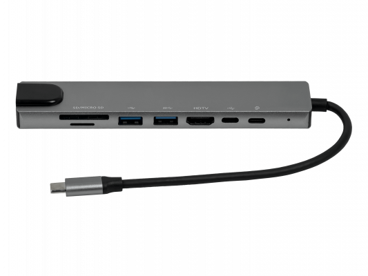 HUB-CHASE Concentrador Tipo-C con 2 puertos USB-C, 1 salida HDMI, 2 entradas USB-A, ranuras SD/microSD y conector RJ45-10/100 en carcasa de aluminio