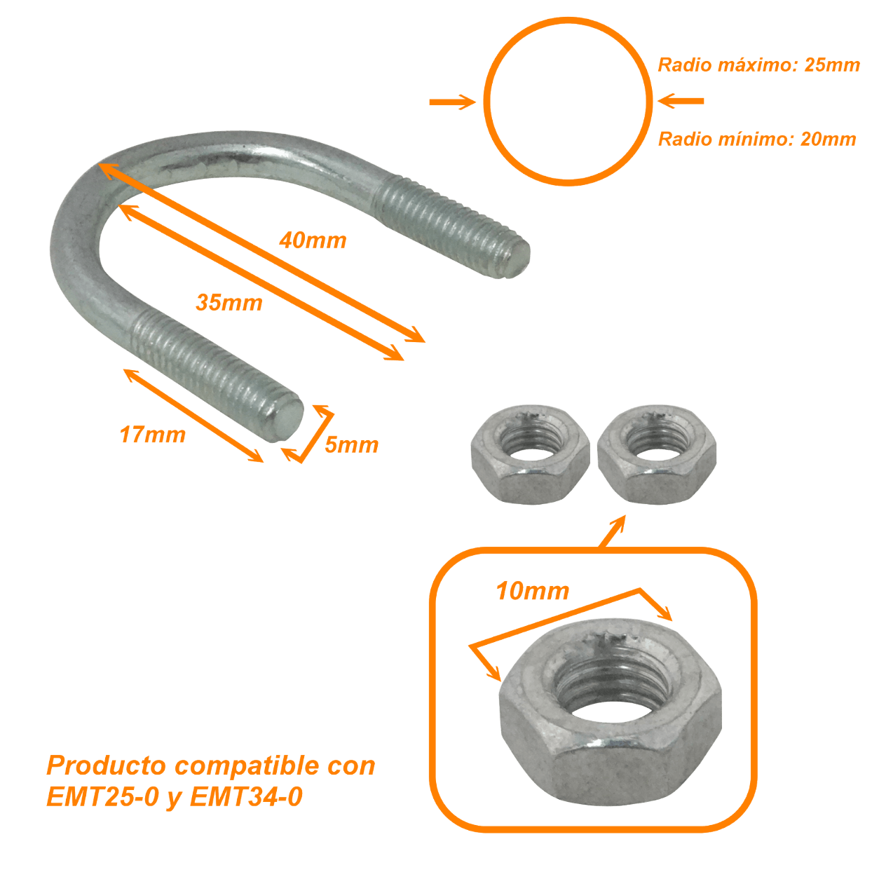UDN-02 Sujetador para poste tubular de 20 a 25mm de diámetro con 2 tuercas de 10mm requeridas por pletina