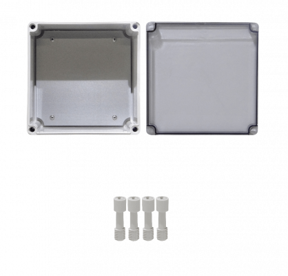 AT-2020 Caja de ABS 200x200x130mm con grado de protección IP66, cubierta transparente y panel de aluminio