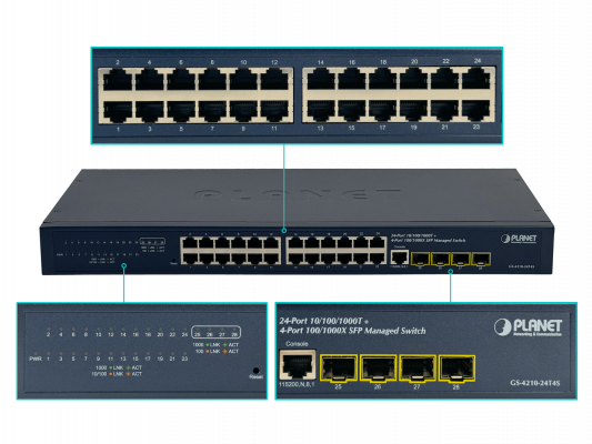 GS-424 PLANET 24-Puertos 1000 4-Ranuras SFP Consola Conmutador Administrable Rack 28-bocas GS-4210-24T4S