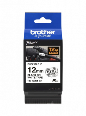 TZE-FX231 BROTHER Flexible 12mm Negro sobre Fondo Blanco Cinta 8mt p/PT-H110/E300/E550
