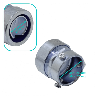 MEMT32 Conector metálico de unión EMT a conducto flexible de 32mm, rango 24-35mm a 24mm