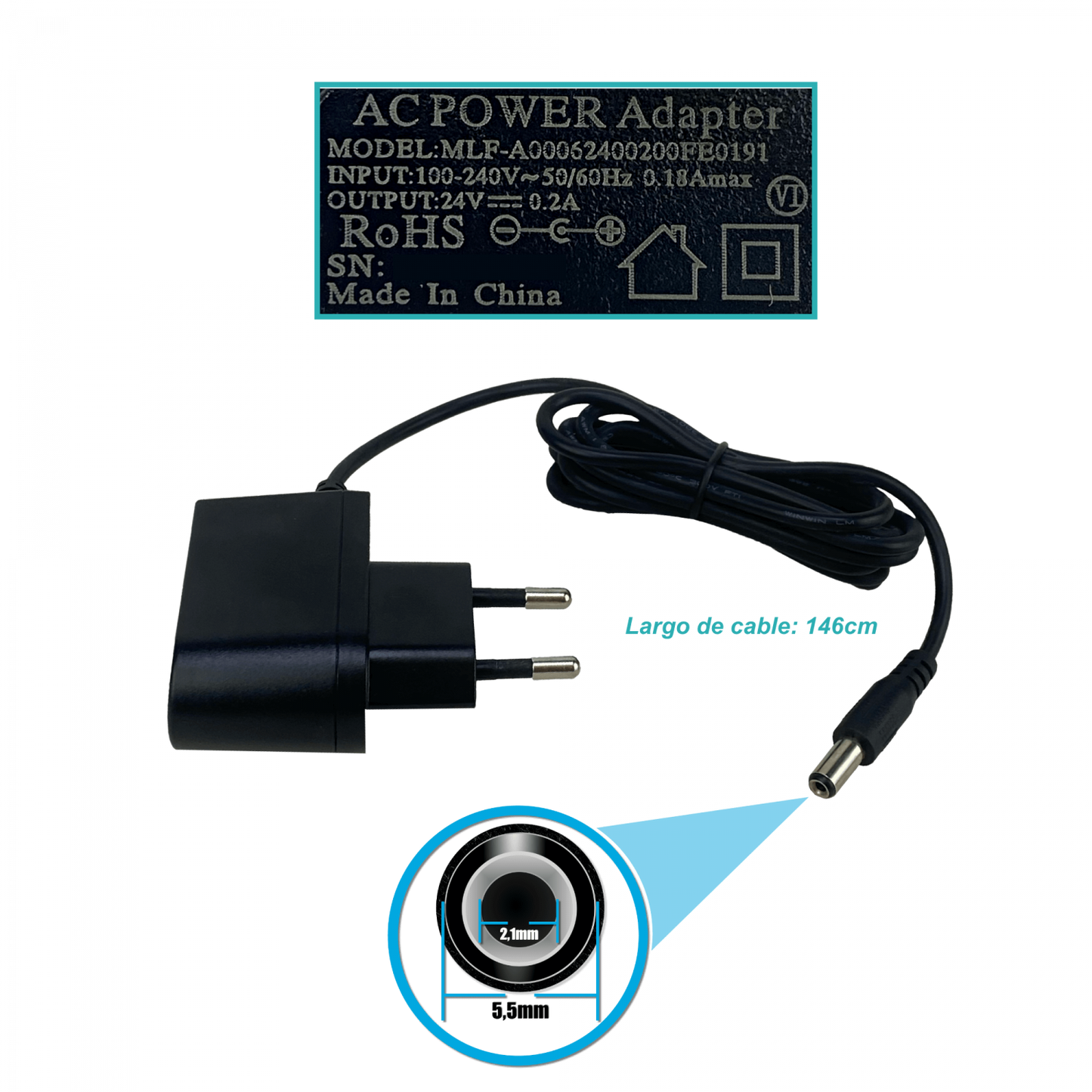 F24-W5 Alimentador 24VDC 0,2A 200mA 5W uso interior Conector-5,5x2,1mm para Mikrotik