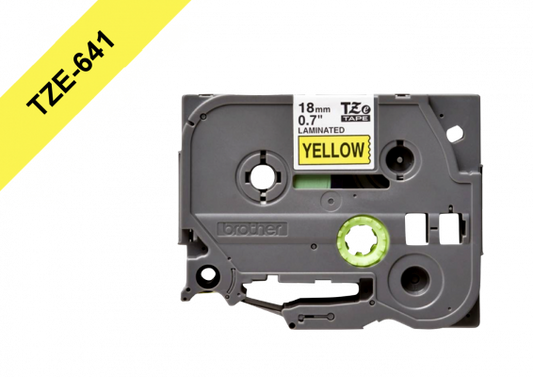 TZE-641 BROTHER 18mm Negro sobre Fondo Amarillo Cinta 8 metros para PT-E300VP/D600/E550
