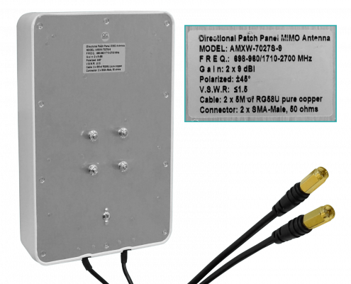 7027HV Antena Panel 2x7/9dBi 2-Conector-SMA-Macho/5mt 698-960 1710-2700MHz Polarización-Cruzada 26x17x6cm