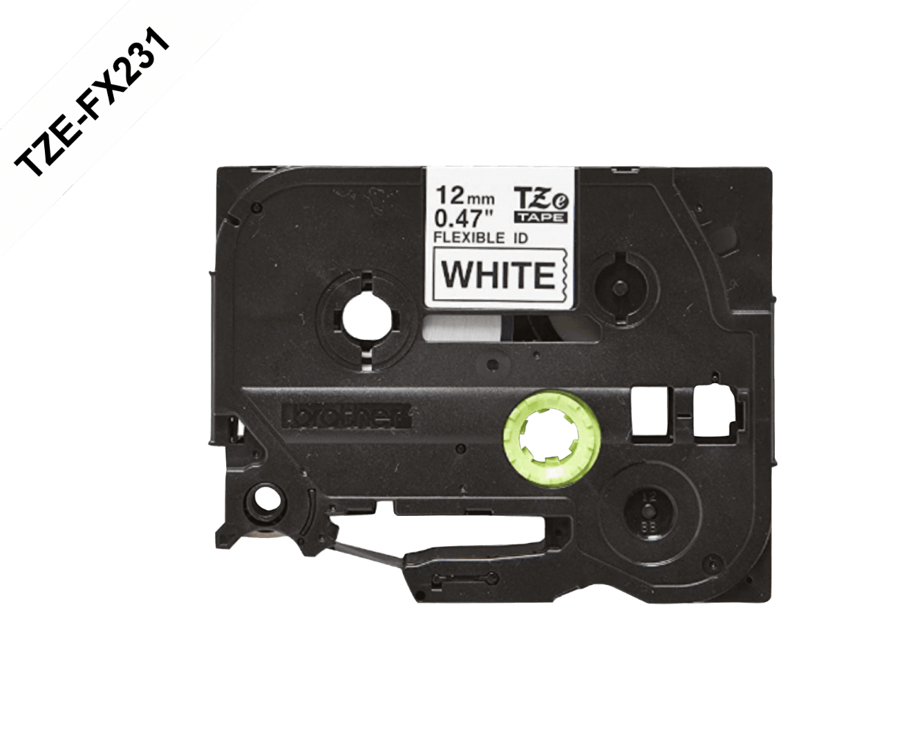 TZE-FX231 BROTHER Flexible 12mm Negro sobre Fondo Blanco Cinta 8mt p/PT-H110/E300/E550