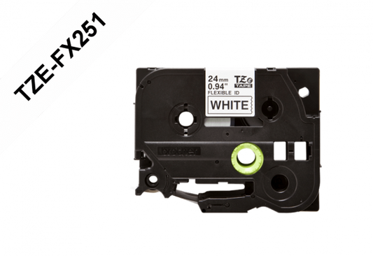TZE-FX251 BROTHER Cinta flexible de 24mm de ancho, impresión negra sobre fondo blanco, rollo de 8m para equipos PT-E550WVP/D600VP