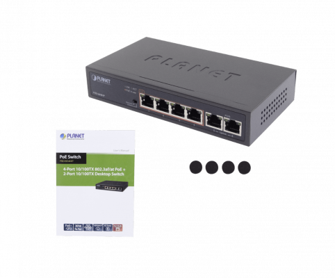 FSD-604HP PLANET Switch no administrable 6 puertos 100Mbps (4 PoE+ af/at) Extensión 250m Presupuesto total 60W No montable en rack