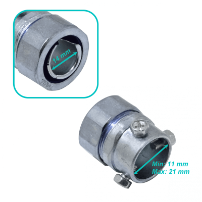 MEMT20 Adaptador metálico de unión de 20mm para conduit EMT a conduit flexible, rango de ajuste 11-21/14mm