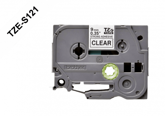 TZE-S121. Cinta adhesiva BROTHER serie E-P de 9 milímetros, impresión negra sobre fondo transparente, longitud 8 metros, formulación de adhesión reforzada