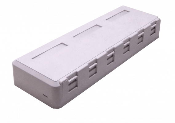 RST-6 Soporte de superficie vacío para 6 conectores Keystone, color blanco, incluye tapa con doble contacto.