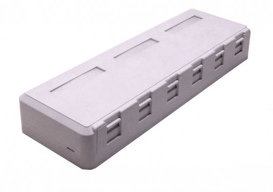 RST-6 Soporte de superficie vacío para 6 conectores Keystone, color blanco, incluye tapa con doble contacto.