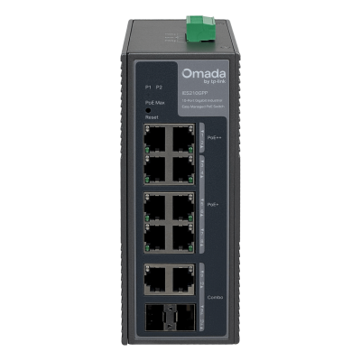 IES210. Conmutador industrial TP-LINK de 8 puertos 1000 con PoE++ y 2 ranuras SFP-Combo, potencia total de 240W, requiere alimentación de 12-57V