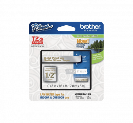 TZE-MQ934 BROTHER Cartucho de Etiqueta 12mm Texto Dorado sobre Cinta Gris Satén Largo 5m Compatible PT-H110/H200/E110