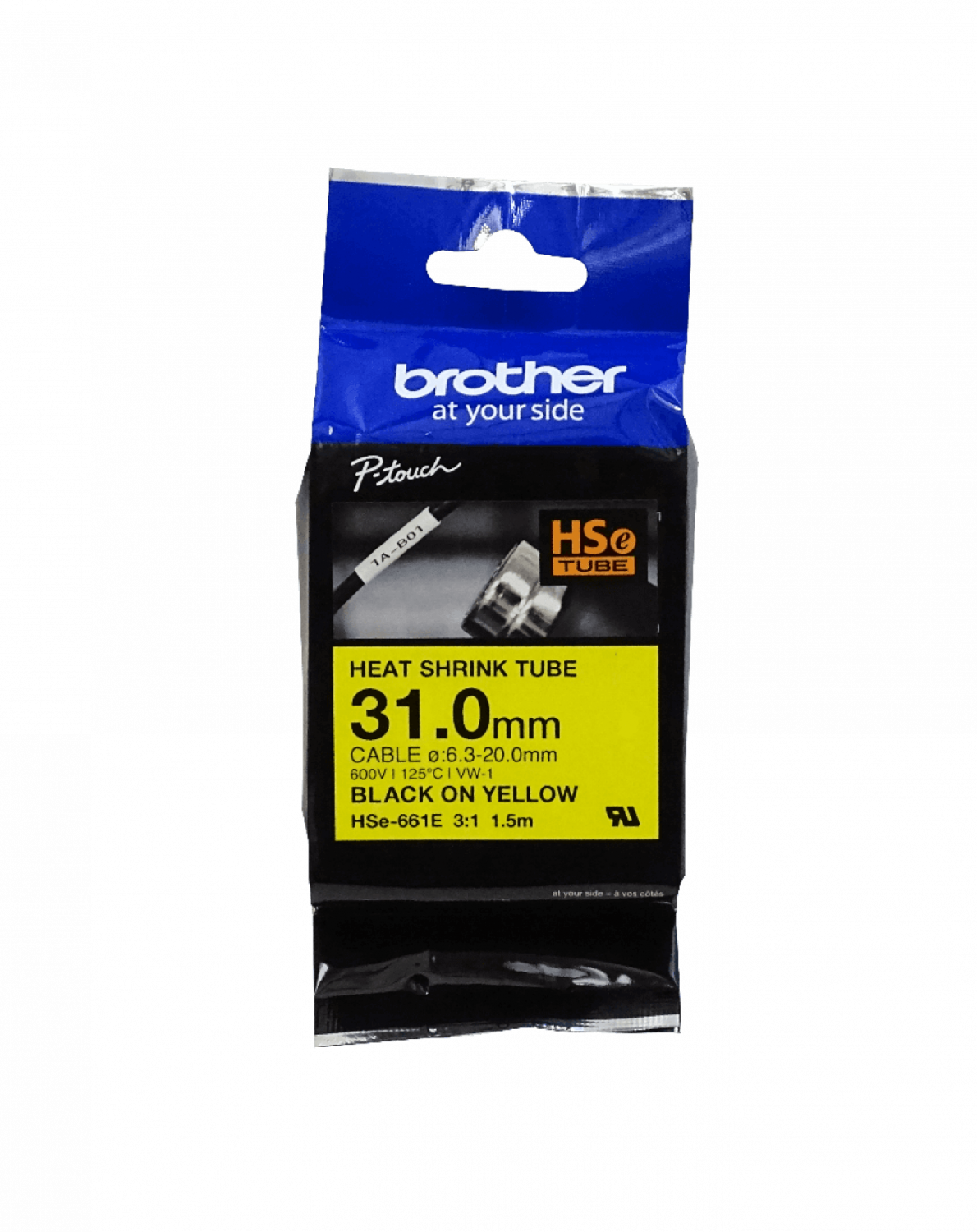 HSE-661E BROTHER 31mm Ancho Termocontraíble 6,3-20mm Negro sobre Amarillo Tubería 1,5mt