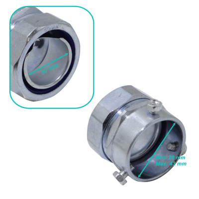 MEMT40 Adaptador metálico de unión de 40 mm para tubo EMT a conduit flexible, rango 28-43 mm a 30 mm