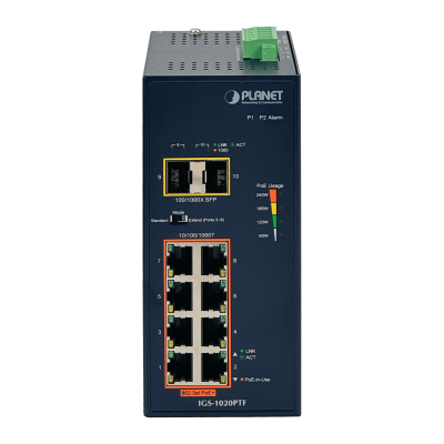 IGS-1020PTF Switch Industrial Gestionable PLANET 8 Puertos 1000 PoE+ 2 Ranuras SFP Presupuesto 240 Vatios Montaje Riel DIN Alimentación 48/54 Voltios DC