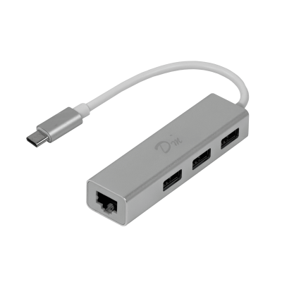 USBC-LAN-HUB Adaptador USB-C Macho a Ethernet-RJ45 10/100mbps Concentrador 3 Puertos USB-A Blanco USB3.1
