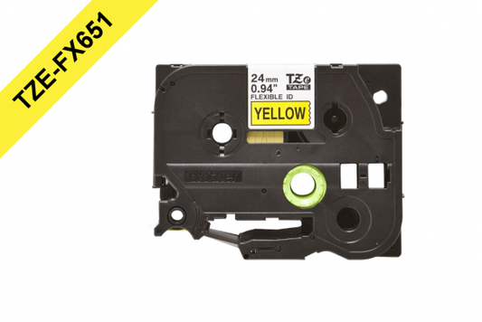 TZE-FX651 BROTHER Flex 24mm Negro en Fondo Amarillo Cinta 8mt p/PT-E550WVP/D600V