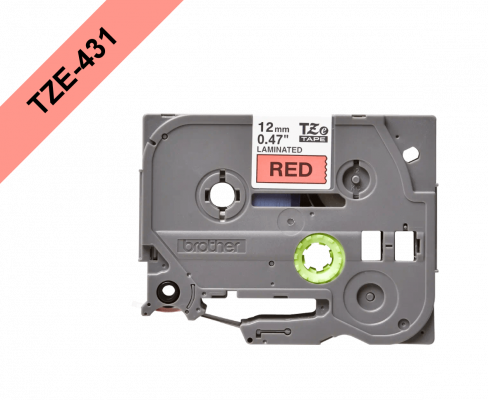 TZE-431 BROTHER Cinta laminada 12mm Texto negro sobre fondo rojo 8 metros Para equipos PT-H110/E300/E550/D600