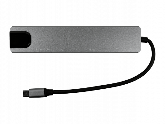 HUB-CHASE Concentrador Tipo-C con 2 puertos USB-C, 1 salida HDMI, 2 entradas USB-A, ranuras SD/microSD y conector RJ45-10/100 en carcasa de aluminio