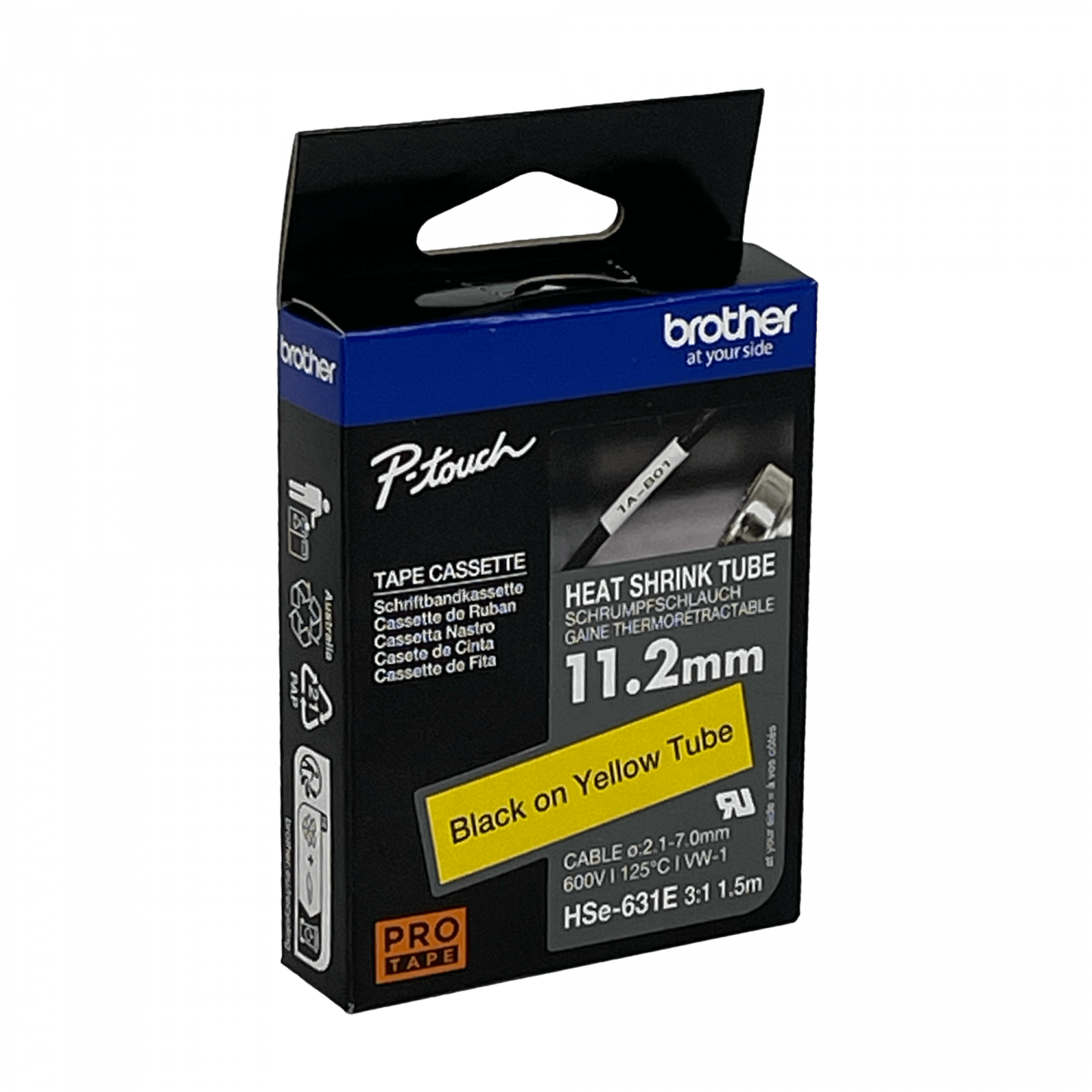 HSE-631E BROTHER 11,2mm Am Termoretractil 2,1-7mm Negro en Amarillo Tubo 1,5mt