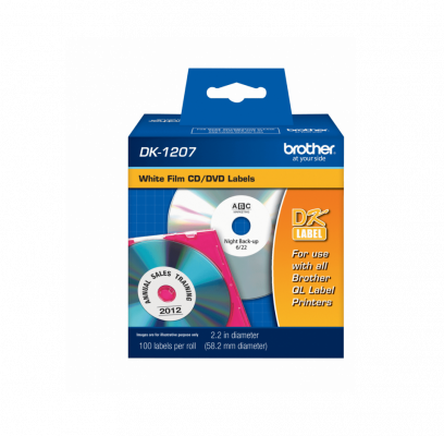 DK1207 Brother 58mm-Diámetro 100-Etiqueta/CD-DVD Plastificado Blanco para QL-700