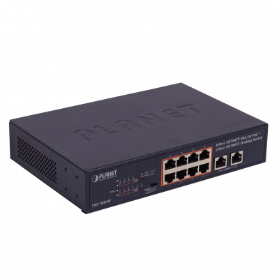 FSD-1008HP PLANET 10-100(8-PoE+af/at) 120W-tot Conmutador no-Gestionable Rack-10p Rack-19p