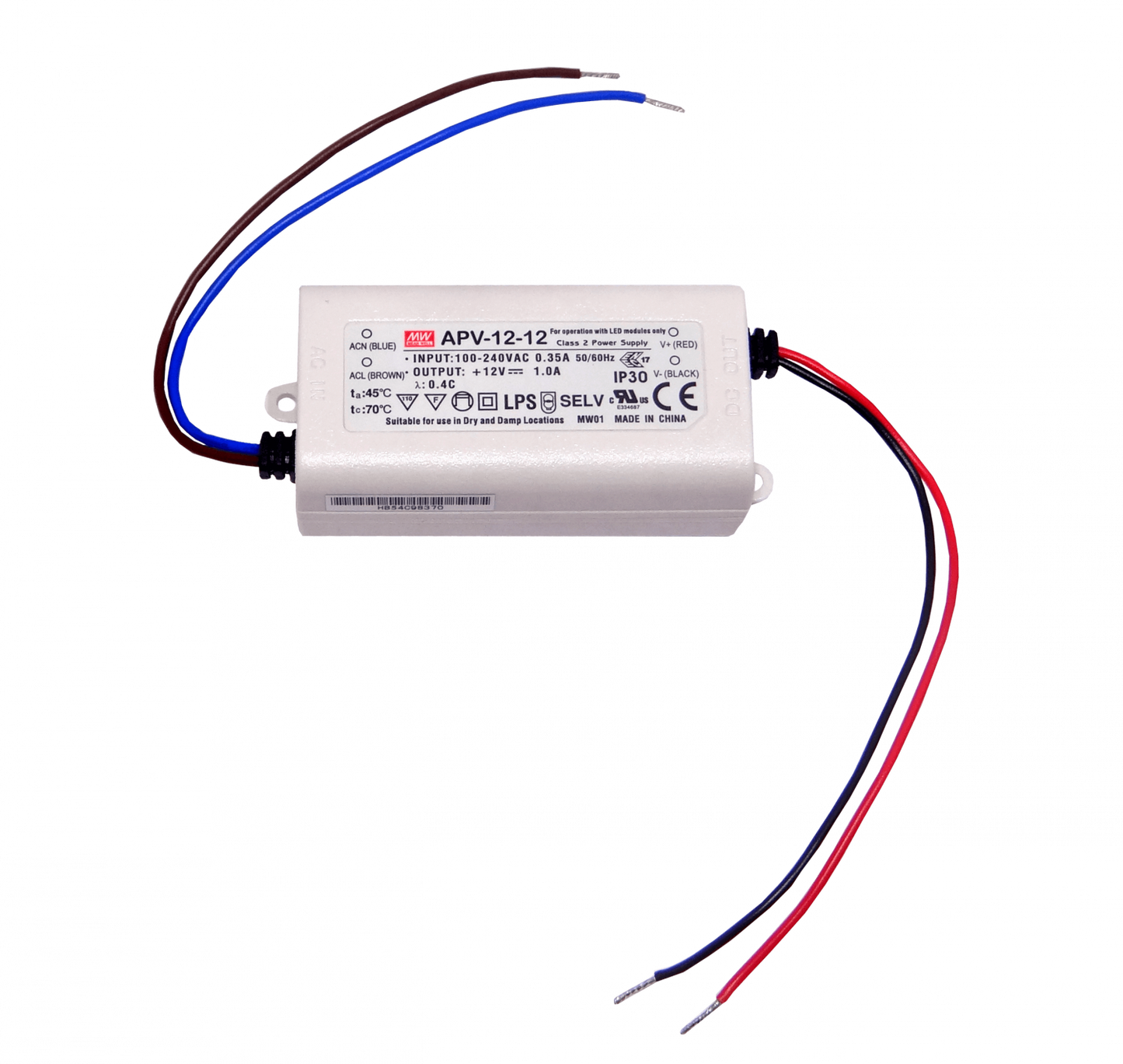 APV-12-12 MEANWELL 12V 12W 1A 100-240VAC Fuente-Poder Plastica IP30 Sellada