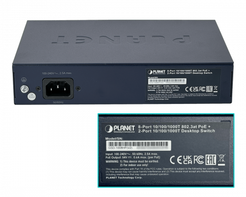 GSD-1008HP PLANET 10/1000 Mbps (8 puertos PoE+ 802.3af/at) 120W totales Switch no administrable para montaje en rack de 10 pulgadas, compatible con rack de 19 pulgadas