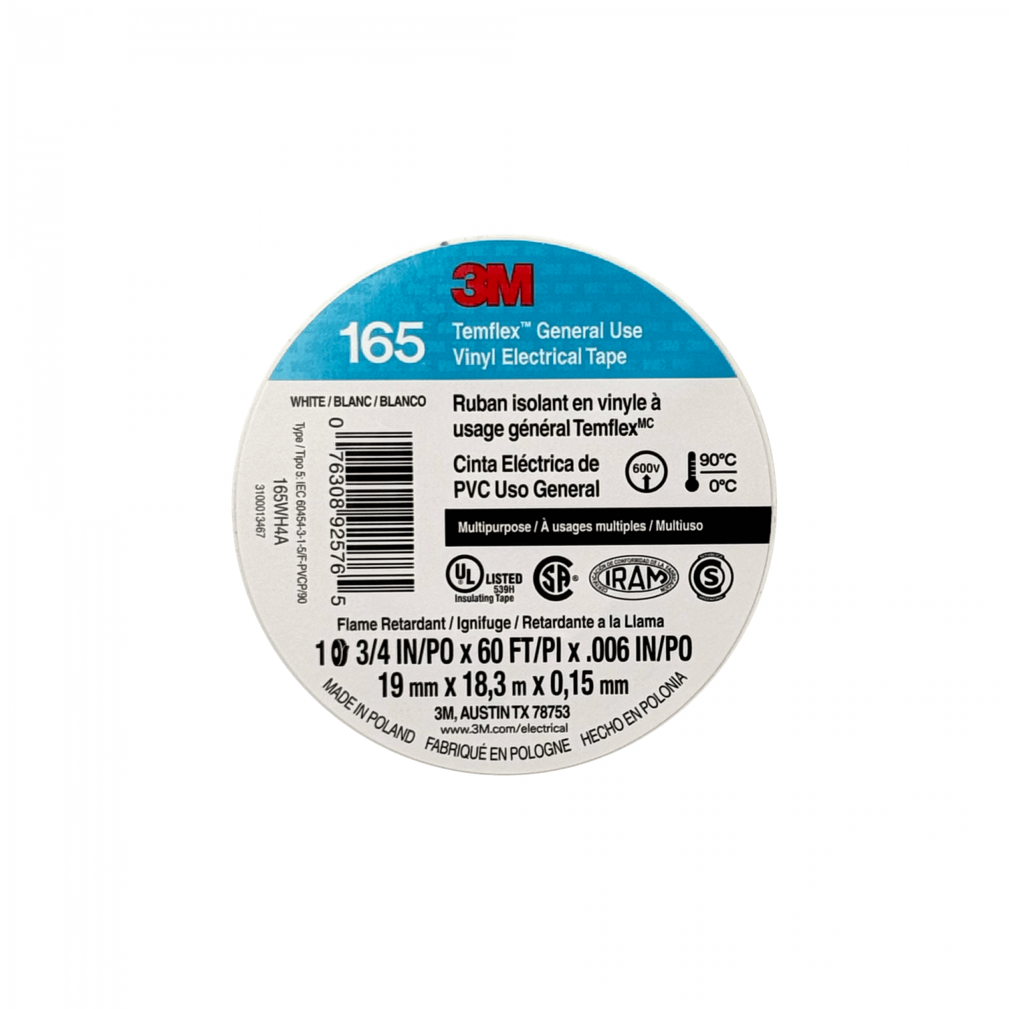 TEMFLEX-18W 3M 18mt 165 Blanca Cinta Aislante PVC 19mm 0,15mm 600V 0-90ºC