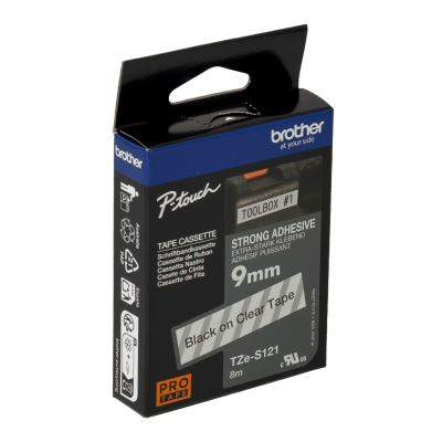 TZE-S121. Cinta adhesiva BROTHER serie E-P de 9 milímetros, impresión negra sobre fondo transparente, longitud 8 metros, formulación de adhesión reforzada